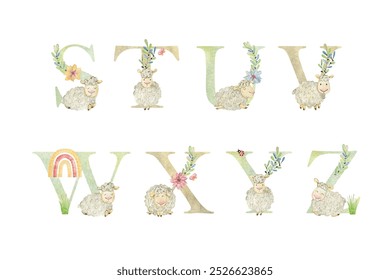 Watercolor vector letters with sheeps for invitation card, nursery poster and other.