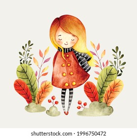 Watercolor Vector Little Girl And Autumn Floral