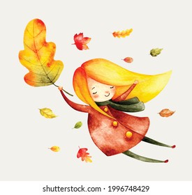 Watercolor vector little girl flying with fallen leaves