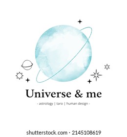 Watercolor vector logo with linear signs - blue planet with universe elements. Astrology and human design. Linear stars, moon, planets, space. Perfect for logo, card, print, branding