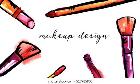 Watercolor and vector makeup brushes, lip gloss, lipstick, and pencil on white background. A horizontal template for a makeup artist's business card or flyer design