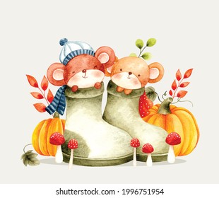 Watercolor vector mouse in boot and pumpkin