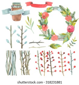 Watercolor vector nature elements with Christmas wreath and branch