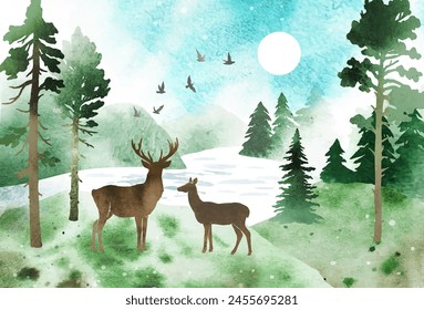 Watercolor vector nature illustration with coniferous forest, mountains, river and animals. Summer landscape. Silhouette of firs, pines, deer and birds under blue sky