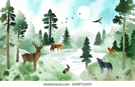 Watercolor vector nature illustration with coniferous forest, river and animals. Summer landscape. Silhouette of firs, pines, deer, hare, fox, wolf, bear and birds under blue sky