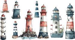 Watercolor Vector Nauticalmarine Illustration With A Set Of  Lighthouse 