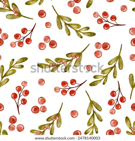 Watercolor Vector New Year pattern. New Year red berries, holly, green leaves, white background