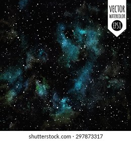 Watercolor vector night sky with stars. Fantastic cosmic background. Black, emerald and blue stains. Stars are removable.