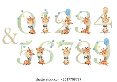 Watercolor vector numbers with giraffes for invitation card, nursery poster and other.