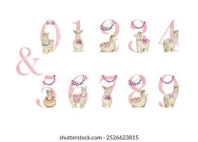 Watercolor vector numbers with llamas for invitation card, nursery poster and other.