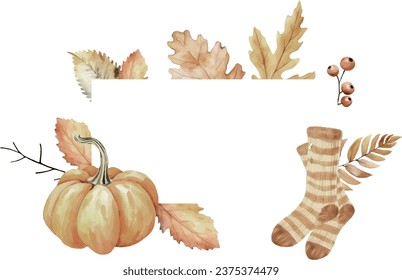 Watercolor vector orange fall leaves frame. Hand painted autumn illustration.