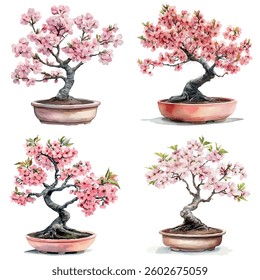 A watercolor vector painting of Cherry Blossom Bonsai collection, isolated on a white background.

