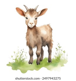 Watercolor vector painting of the serene image of a young goat in a vibrant green meadow, on natural backdrop. Peaceful coexistence between the animal and its environment. 