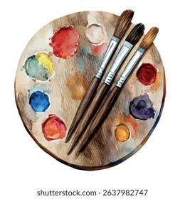 A watercolor vector of artist’s palette with mixing brushes, isolated on white background.