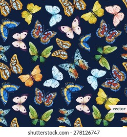 watercolor vector pattern with beautiful butterflies dark background