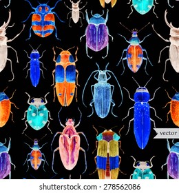 watercolor vector pattern beetles dark background, abstract