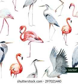 watercolor  vector pattern with birds flamingos, storks, herons, simple seamless pattern