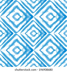 Watercolor vector pattern with blue rhombus.Seamless elegant watercolor geometric pattern. Vector illustration. Ikat