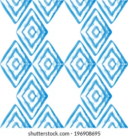 Watercolor vector pattern with blue rhombus.Seamless elegant watercolor geometric pattern. Vector illustration. Ikat