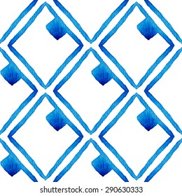 Watercolor vector pattern with blue rhombus.Seamless elegant watercolor geometric pattern. Vector illustration. Ikat