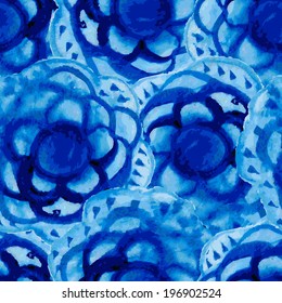Watercolor vector pattern. Blue and white floral background. Flower seamless pattern