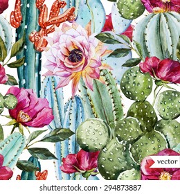 watercolor vector pattern with flowers roses and cactus, bright tropical pattern