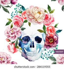 watercolor vector pattern with flowers and skull