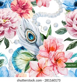 watercolor vector pattern plumeria flowers and peacock feathers, beads