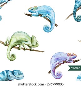 watercolor vector pattern reptiles chameleon on a white background