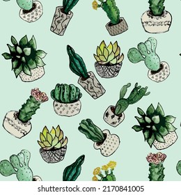 Patrón vectorial de color agua, patrón sin costura, patrón tropical, textura repetitiva brillante con cactus verde