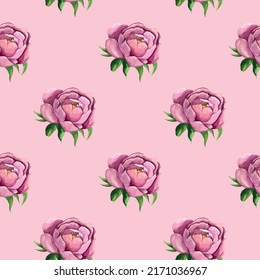 Watercolor vector pattern, seamless, tropical, bright repeating texture with pink flowers peonies buds leaves, background, screensaver, cover