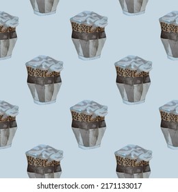 Watercolor vector pattern, seamless, tropical, bright repeating texture with a cup of coffee, cappuccino, latte, drink, background, screensaver, cover