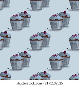 Watercolor vector pattern, seamless, tropical, bright repeating texture with dessert, cupcakes, berries, background, screensaver, cover