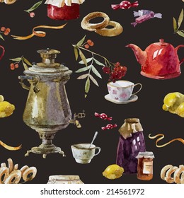 Watercolor vector pattern tea theme Russian samovar, bagels, branch red ash, red tea, bank faithful