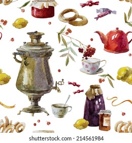 Watercolor vector pattern tea theme Russian samovar, bagels, viburnum red berries. Autumn background