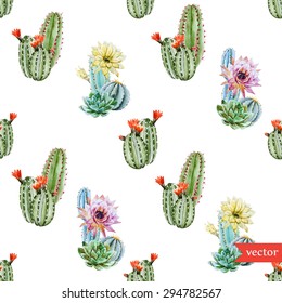 watercolor vector pattern tropical cactus, cactus with red flowers, yellow flowers