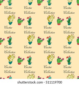 watercolor vector pattern tropical cactus, cactus with red flowers, yellow flowers