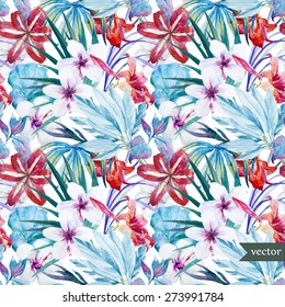 watercolor vector pattern with tropical lily and palm leaves