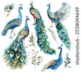 Watercolor vector of Peacock collection, isolated on a white background, Peacock painting