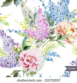 watercolor, vector, peonies, lilac, mimosa, pattern, wallpaper, vintage, gentle