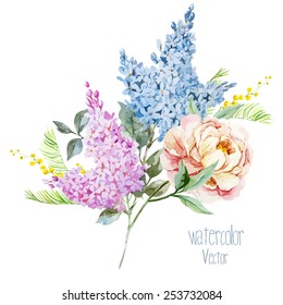 watercolor, vector, peonies, lilac, mimosa, bouquet, vintage, delicate, spring, flowers