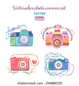Watercolor vector photo cameras set. Isolated design elements.