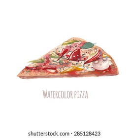 Watercolor vector pizza. Hand drawn slice of pizza illustration. Single food object isolated on white background.