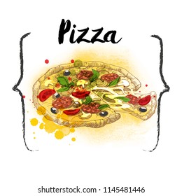 Watercolor vector pizza illustration. Sketch and watercolor sketch