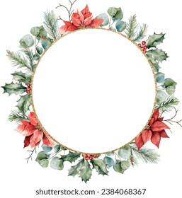 Watercolor vector poinsettia Christmas frame, spruce, fir, cedar branches, eucalyptus and pine cones. Hand painted invitation card of flowers. Geometrical brilliant golden border. Template space for t