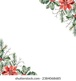 Watercolor vector poinsettia, eucalyptus frame, composition with with spruce, fir, cedar branches, eucalyptus and pine cones in corners.Template space for text, message, sign for greeting cards.