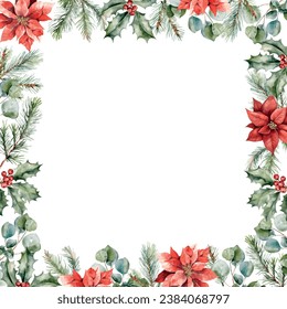 Watercolor vector poinsettia, eucalyptus frame in square shape with spruce, fir, cedar branches, eucalyptus and pine cones. Hand drawn.Template space for text, message, sign for greeting cards.