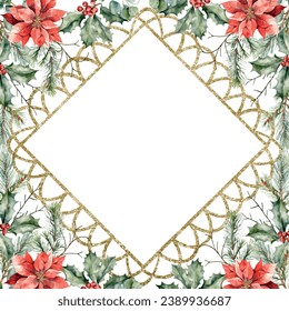 Watercolor vector poinsettia, eucalyptus lacy golden frame in rhombus shape with spruce, fir, cedar branches, eucalyptus and pine cones. Hand drawn.Template space for text, message.