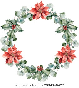 Watercolor vector poinsettia and eucalyptus wreath. Template space for text, message, sign for greeting cards, invitation, wedding card, celebration, banner, print, poster; mood decoration, greeting d