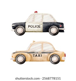 Watercolor Vector with Police Car and Taxi Car Vintage style on White Background design